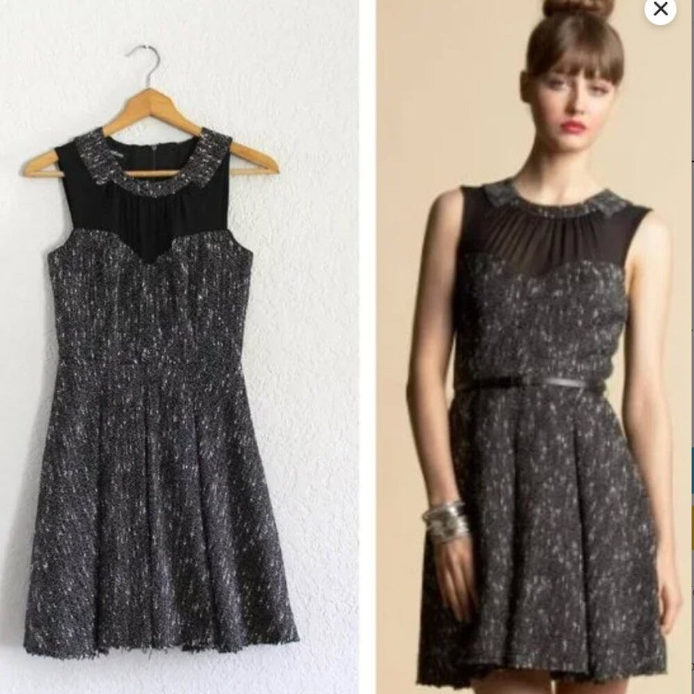 BEBE Angelina Tweed Sheer Mesh Fit & Flare Skater Party Fringe Hem Tulle Dress 6